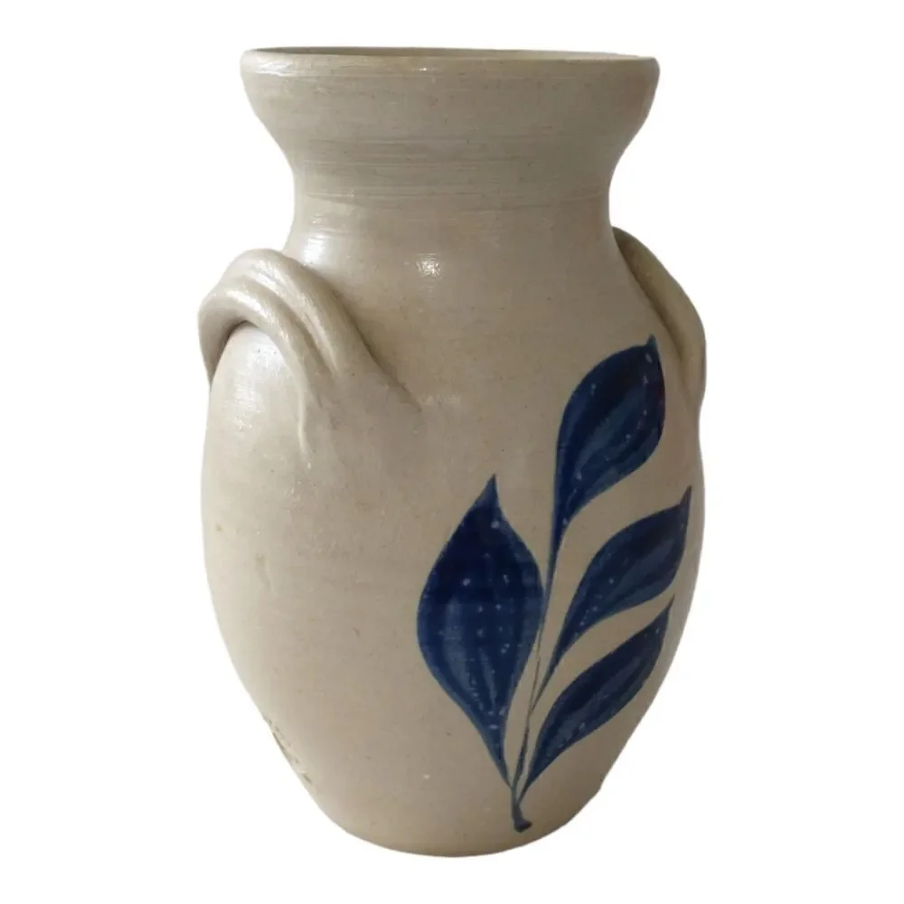 Williamsburg Pottery‎ Vase Two Handled  Blue Leaf Design Spring Summer Flowers.